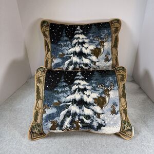 Vintage Set Of 2 Riverdale Tapestry Christmas Pillows Whispering Pines Deer